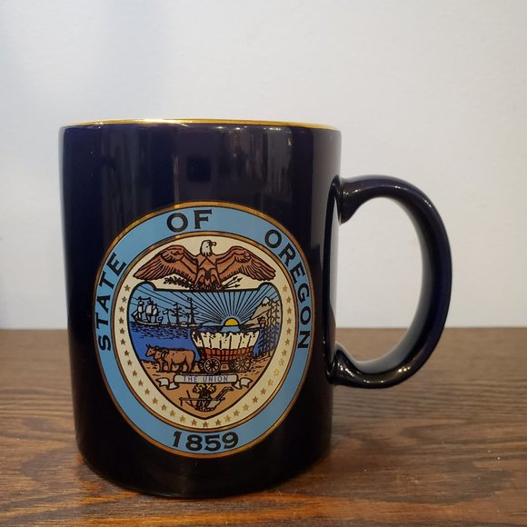 Oregon Seal State Facts Motto Gold Rimmed Dark Blue Mug Smith Western Portland - Picture 1 of 6